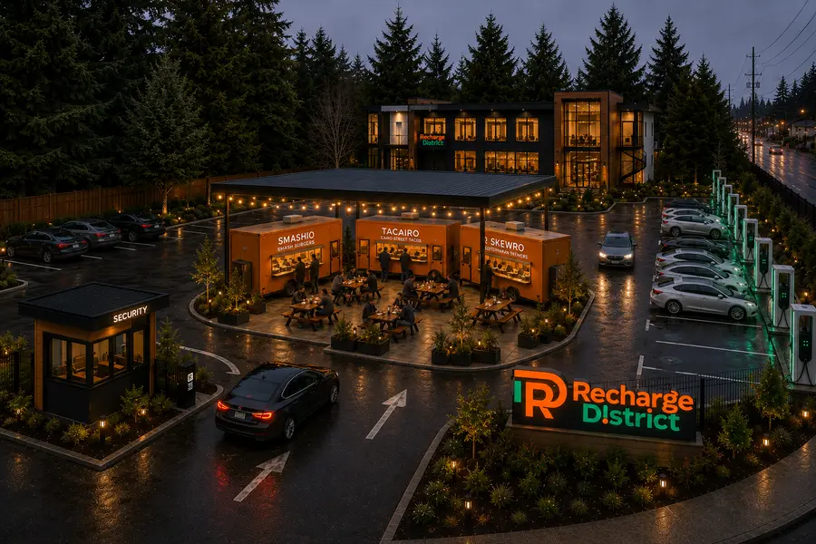 Rendering of Recharge District at night: the food truck courtyard, EV chargers, the building and the Recharge District sign
