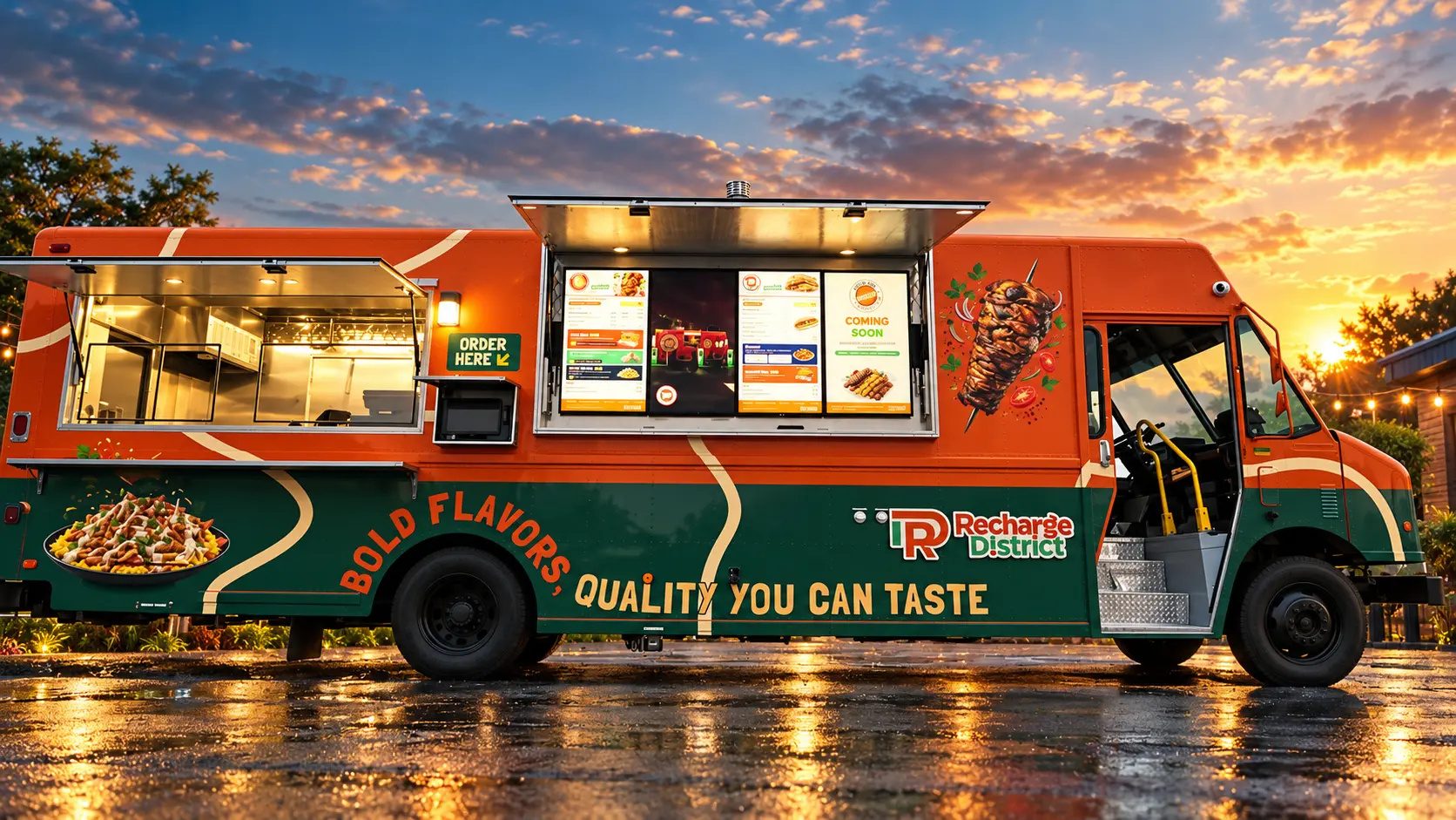 The orange and green Recharge District food truck at sunset with its serving window and menu screens open
